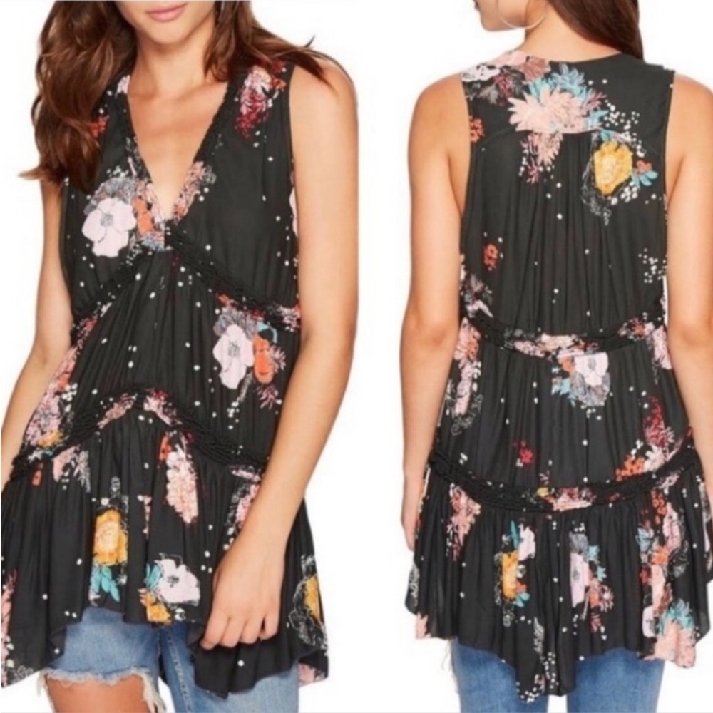 Free People Dark Green Haze Floral Tunic Top Size Large